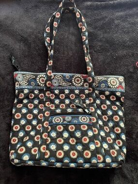 Vera Bradley Black Floral Quilted Tote with Blue and Red Accents Excellent cond